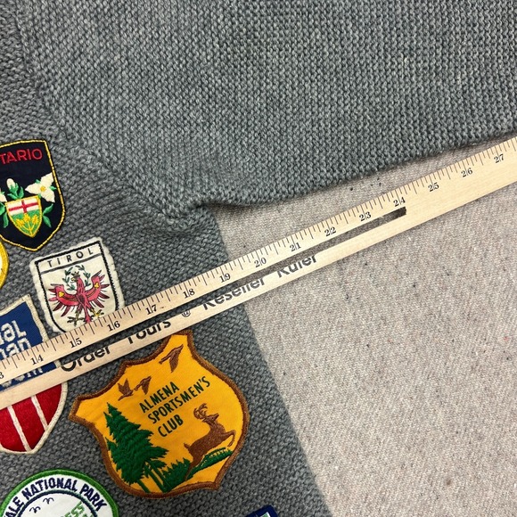 Vintage Patched Wool Sweater Mens Small Gray 1960s Cardigan Tourist Travel - Picture 9 of 11